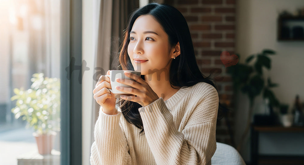 フリー素材 無料 写真｜窓辺のカフェで日本人女性が休息、ロゴなしマグカップとやさしい光でまとめた日常のくつろぎ
