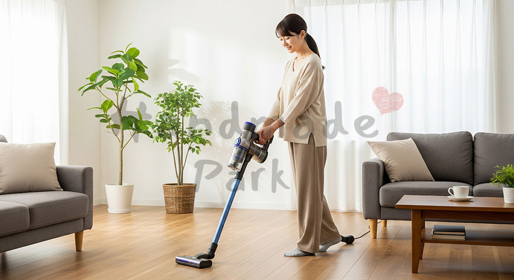 フリー素材 無料 写真｜背景素材リビングでコードレス掃除機をかける20代日本人主婦、白壁と木製フロアで清潔感ある日常掃除 写真背景