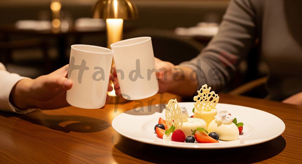 フリー素材 無料 写真｜背景素材レストランで白いデザートと軽い乾杯、手元中心のホワイトデー 写真背景