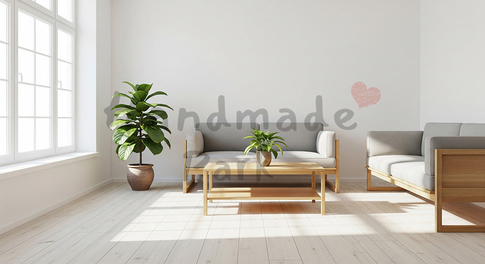 フリー素材 無料 写真｜文字要素のないシンプルな汎用室内バックグラウンド、観葉植物のある北欧風インテリアの明るいリビング