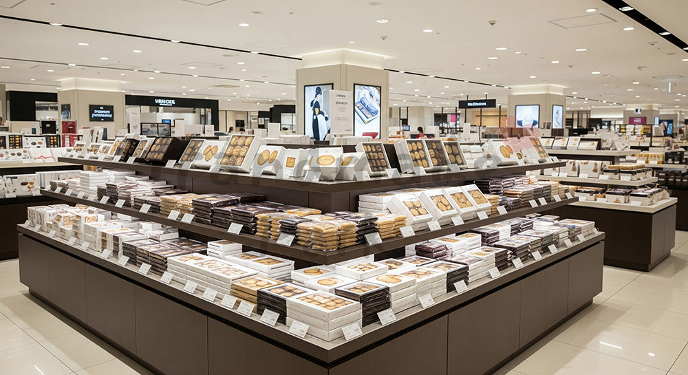 フリー素材 無料 写真｜背景素材百貨店風スイーツ売場の無地パッケージ棚、ホワイトデー商戦 写真背景