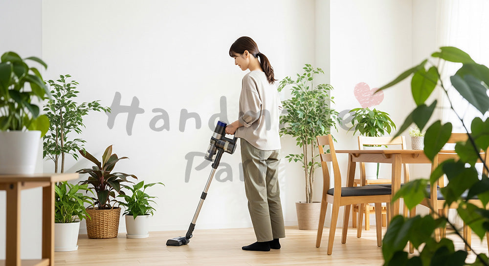 フリー素材 無料 写真｜リビングでコードレス掃除機をかける20代日本人主婦、白壁と木製フロアで清潔感ある日常掃除