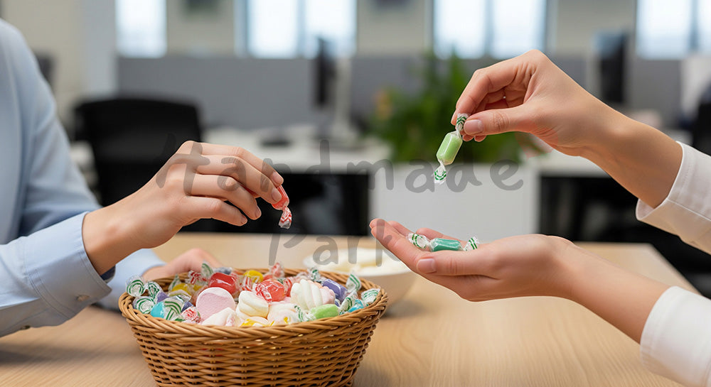 フリー素材 無料 写真｜オフィスの共有テーブルでホワイトデーお菓子を配る手元