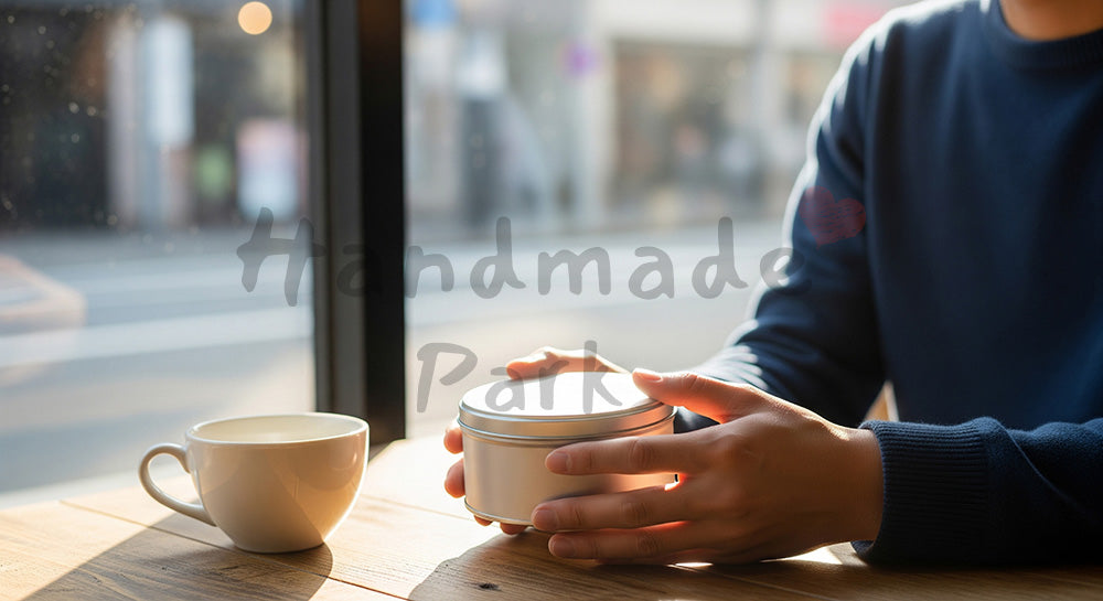 フリー素材 無料 写真｜窓際の柔光、カフェでクッキー缶を差し出す日本人男性の手元