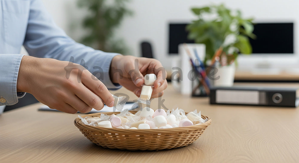 フリー素材 無料 写真｜オフィスの共有テーブルでホワイトデーお菓子を配る手元