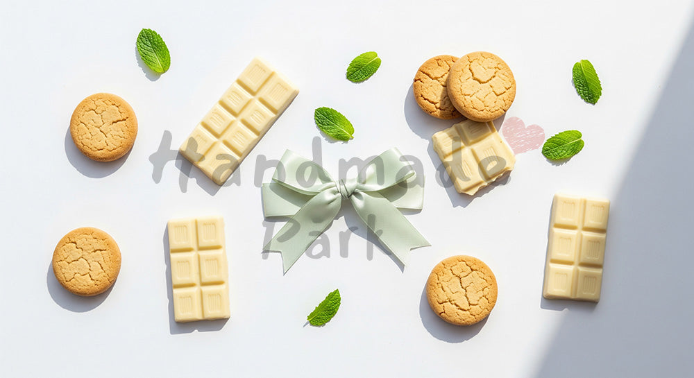 フリー素材 無料 写真｜淡色リボン、白バックグラウンドのホワイトチョコとクッキーのフラットレイ