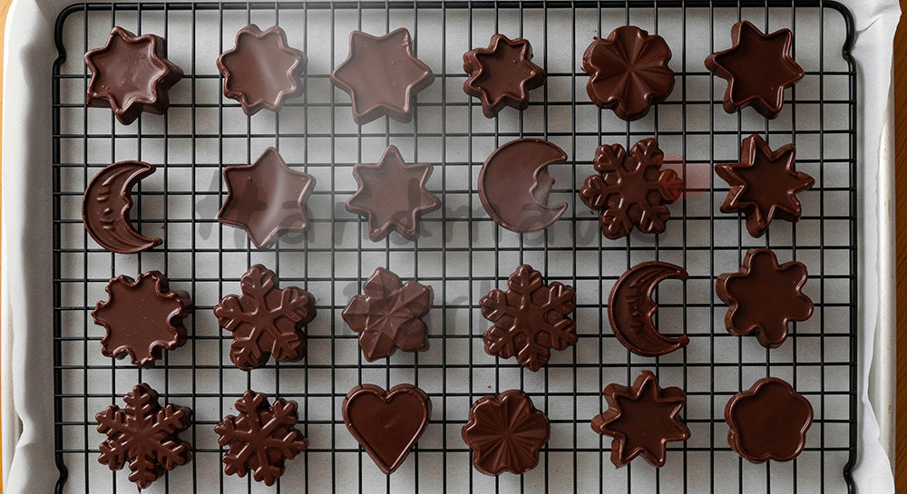 フリー素材 無料 写真｜焼き網で冷ます型抜きチョコの上面、無地ベーキングシート