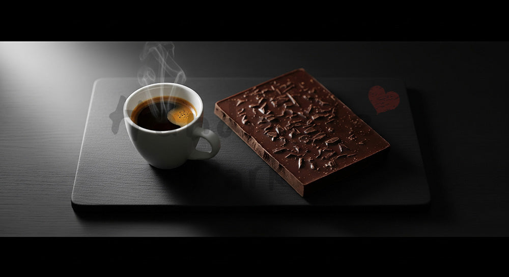 フリー素材 無料 写真｜黒ボードのシック構成、無地カップのエスプレッソとビターチョコ