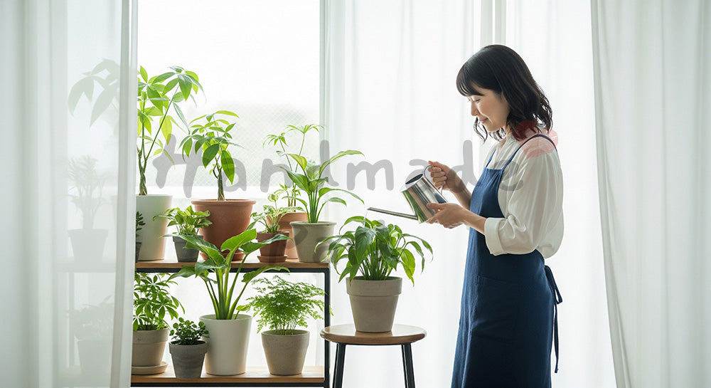 フリー素材 無料 写真｜窓辺の観葉植物に水やりをする日本人主婦のナチュラルな暮らし