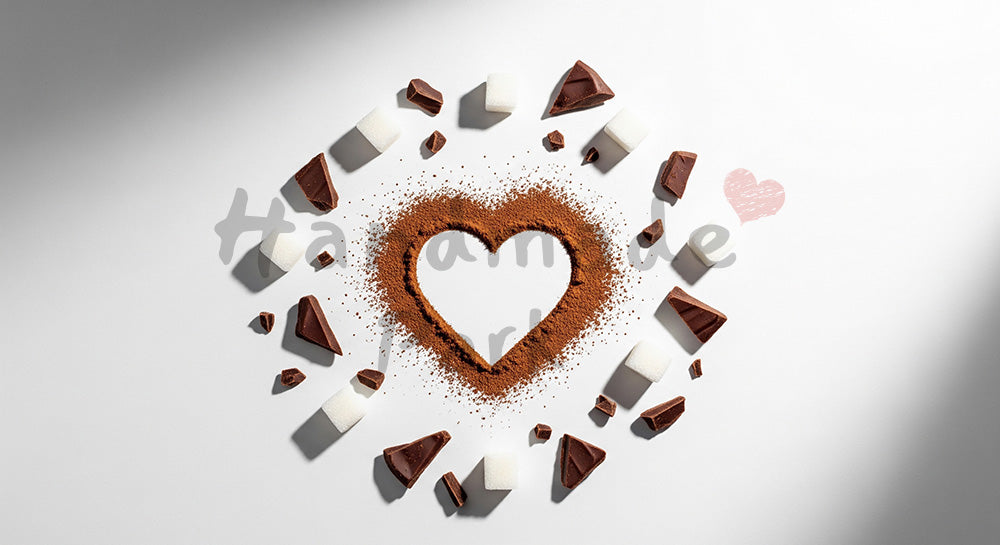 フリー素材 無料 写真｜ココアのハートとチョコ片の白バックグラウンドミニマル、ステンシル表現（文字入れ向き）