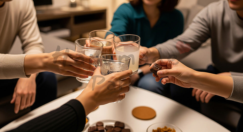 フリー素材 無料 写真｜カジュアルな夜、自宅でチョコとノンアル乾杯をする日本人の手元