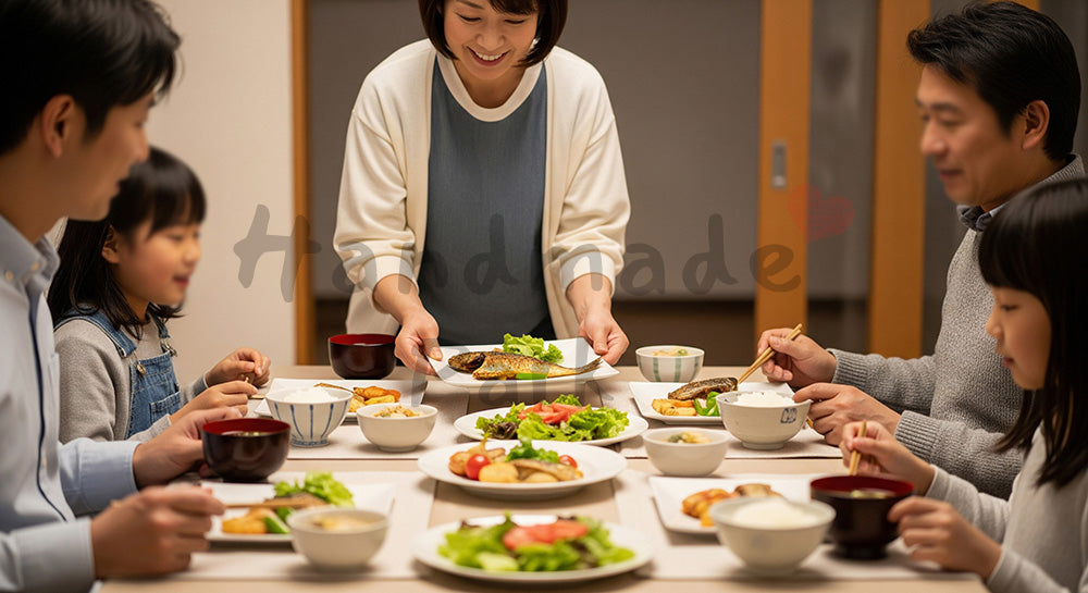 フリー素材 無料 写真｜木目テーブルに和洋折衷の家庭夕食が並ぶフラットレイ（人物なし） 背景素材