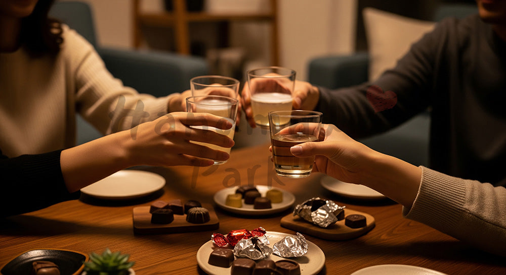 フリー素材 無料 写真｜自宅でチョコとノンアル乾杯をする日本人の手元、カジュアルな夜