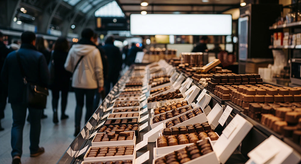フリー素材 無料 写真｜無地サインで汎用、駅ナカ風スイーツ売場のチョコ量感ショット