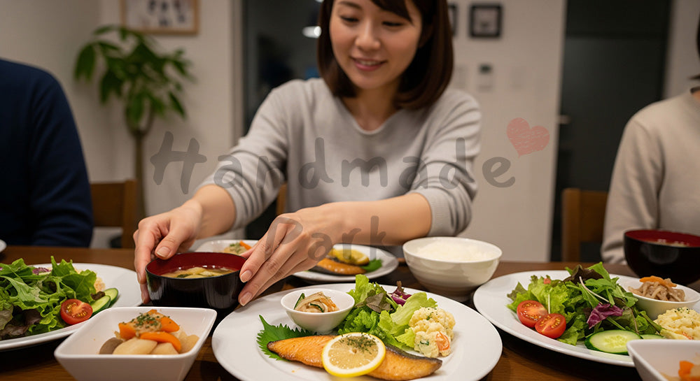 フリー素材 無料 写真｜木目テーブルに和洋折衷の家庭夕食が並ぶフラットレイ（人物なし）