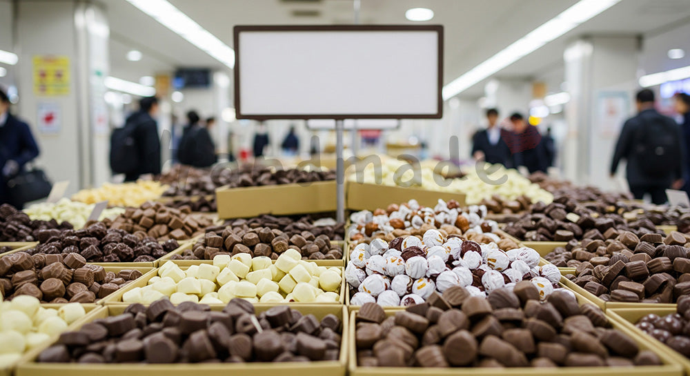 フリー素材 無料 写真｜背景素材駅ナカ風スイーツ売場のチョコ量感ショット、無地サインで汎用 写真背景