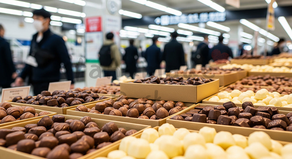 フリー素材 無料 写真｜駅ナカ風スイーツ売場のチョコ量感ショット、無地サインで汎用 背景素材