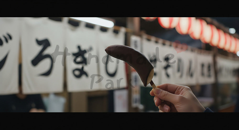 フリー素材 無料 写真｜参道屋台でチョコバナナを持つ日本人の手元、夜のボケと暖色 背景素材