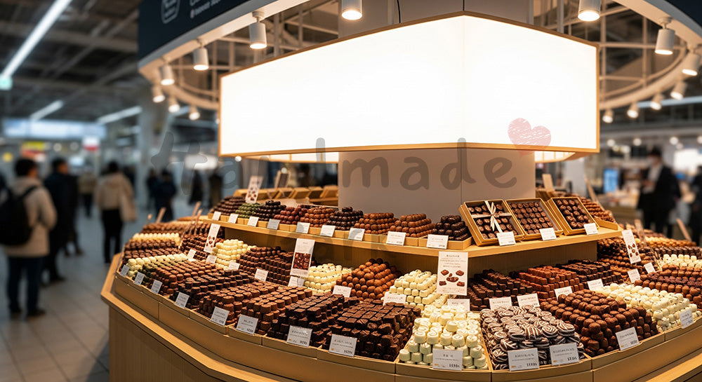 フリー素材 無料 写真｜駅ナカ風スイーツ売場のチョコ量感ショット、無地サインで汎用