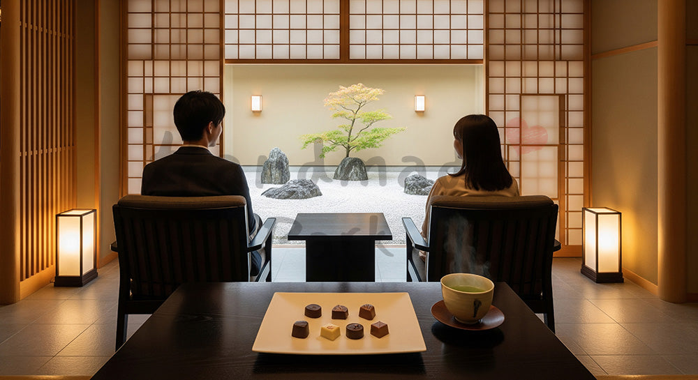 フリー素材 無料 写真｜汎用カット、和モダンロビーで後ろ姿の日本人カップルと和皿のチョコ