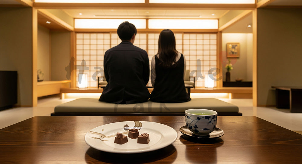 フリー素材 無料 写真｜背景素材和モダンロビーで後ろ姿の日本人カップルと和皿のチョコ、汎用カット 写真背景