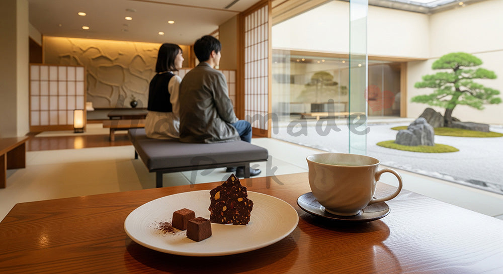 フリー素材 無料 写真｜和モダンロビーで後ろ姿の日本人カップルと和皿のチョコ、汎用カット 背景素材