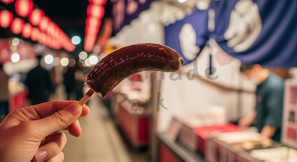 フリー素材 無料 写真｜参道屋台でチョコバナナを持つ日本人の手元、夜のボケと暖色