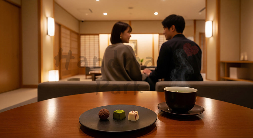 フリー素材 無料 写真｜和モダンロビーで後ろ姿の日本人カップルと和皿のチョコ、汎用カット