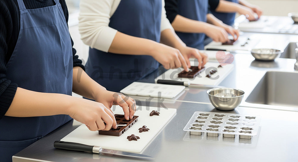フリー素材 無料 写真｜明るい室内、料理教室でチョコを型抜きする日本人グループの手元