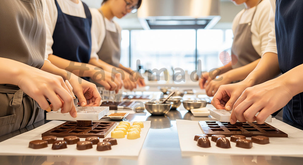 フリー素材 無料 写真｜背景素材料理教室でチョコを型抜きする日本人グループの手元、明るい室内 写真背景