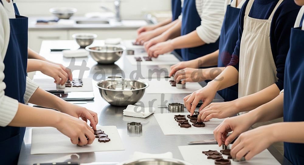 フリー素材 無料 写真｜料理教室でチョコを型抜きする日本人グループの手元、明るい室内 背景素材