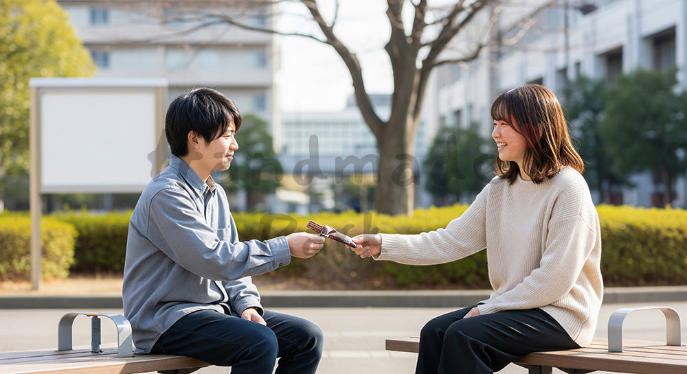 フリー素材 無料 写真｜大学ベンチでチョコを渡す日本人学生の半身、友人へのカジュアルギフト（文字入れ向き）