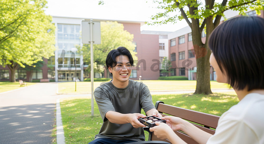 フリー素材 無料 写真｜友人へのカジュアルギフト、大学ベンチでチョコを渡す日本人学生の半身
