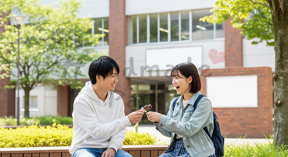 フリー素材 無料 写真｜背景素材大学ベンチでチョコを渡す日本人学生の半身、友人へのカジュアルギフト 写真背景