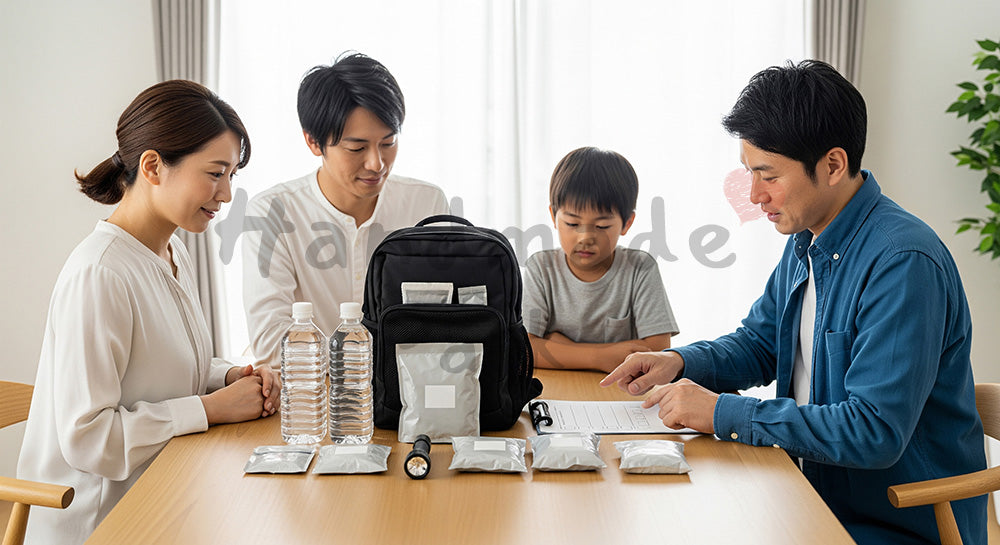 フリー素材 無料 写真｜食卓に防災グッズを並べる日本人家族、整然とした配置で備蓄と減災をわかりやすく示す家庭の準備 背景素材