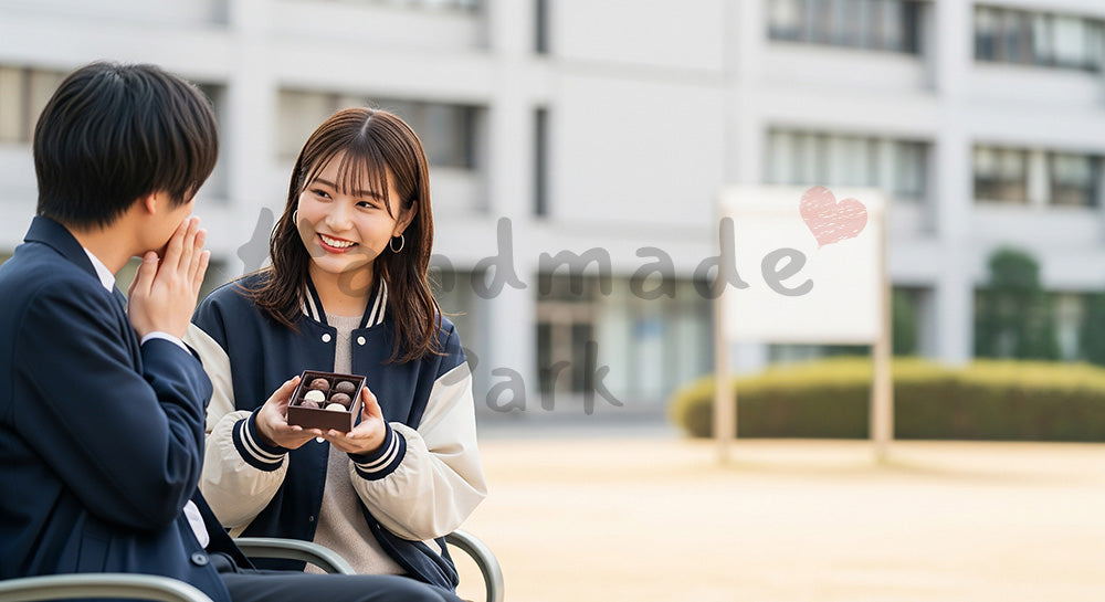 フリー素材 無料 写真｜大学ベンチでチョコを渡す日本人学生の半身、友人へのカジュアルギフト 背景素材