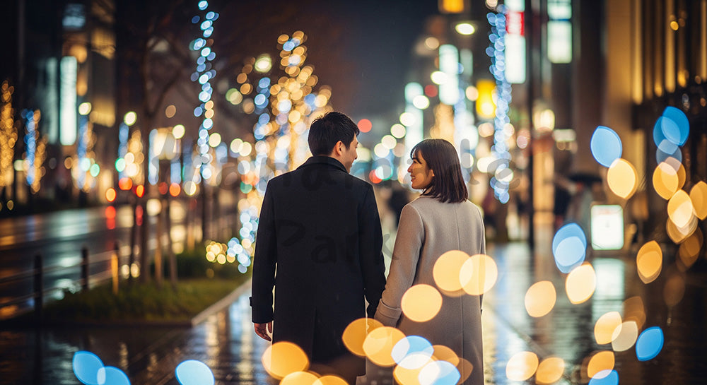 フリー素材 無料 写真｜夜のイルミネーションの下を歩く日本人カップルの後ろ姿、都会の散歩 背景素材