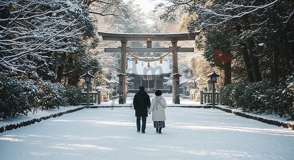 フリー素材 無料 写真｜冬の朝、神社参道を歩く日本人カップルの後ろ姿、澄んだ空気で新年の始まりを感じる初詣シーン 背景素材