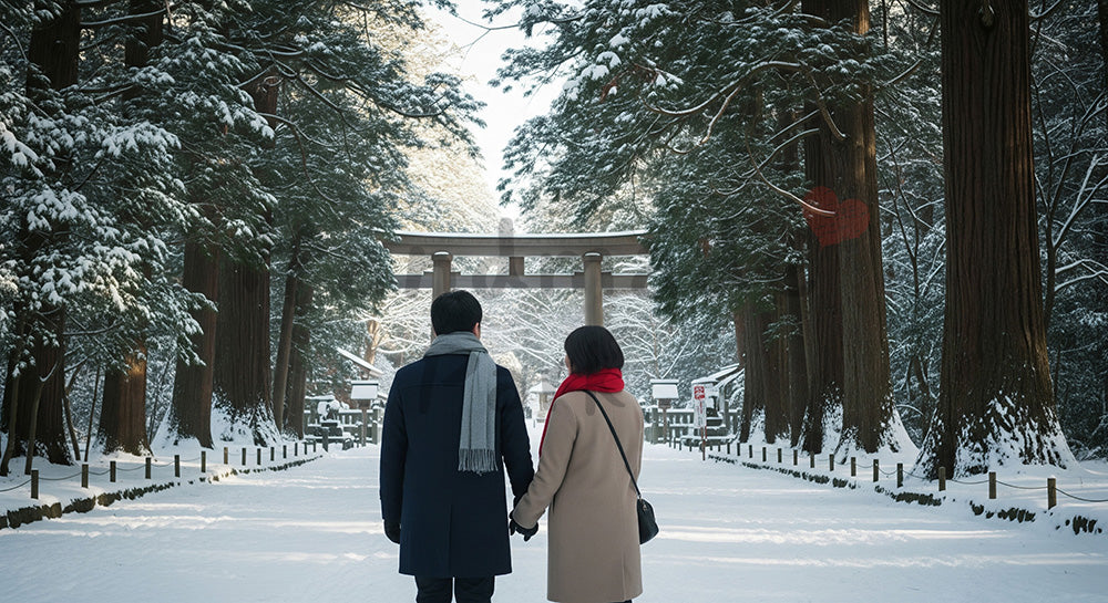 フリー素材 無料 写真｜冬の朝神社参道を歩く日本人カップルの後ろ姿澄んだ空気で新年の始まりを感じる初詣シーン