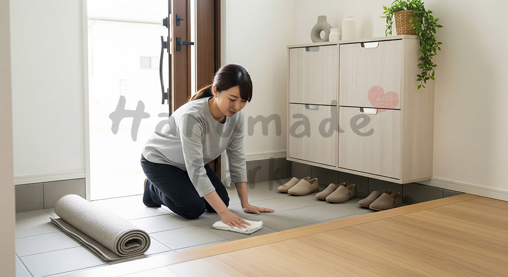 フリー素材 無料 写真｜玄関のたたきをモップや雑巾で拭き掃除する日本人主婦のエントランスケア