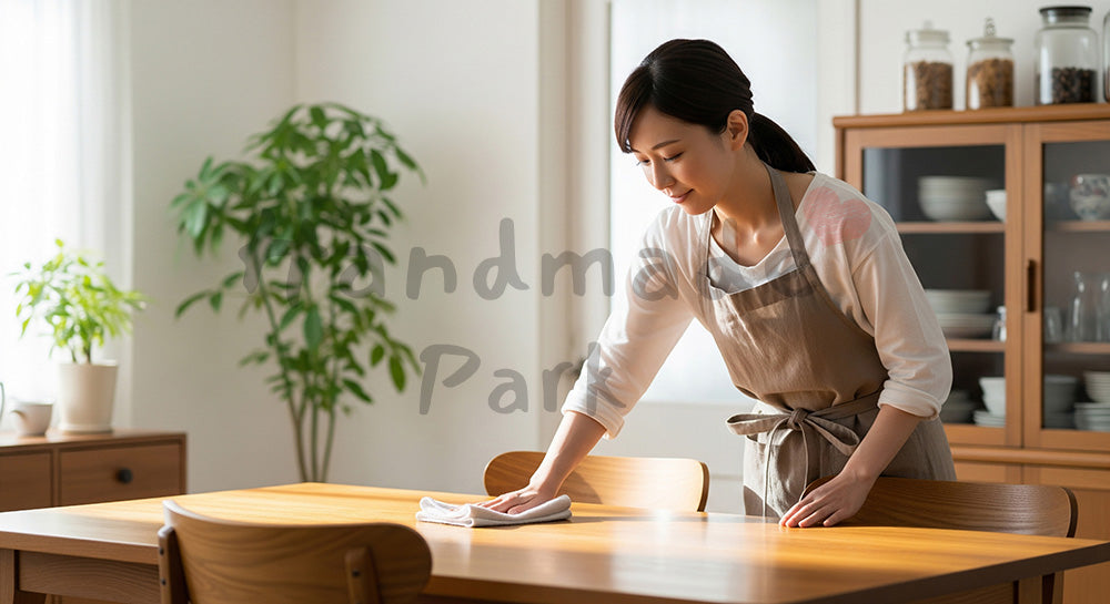 フリー素材 無料 写真｜朝のダイニングで木目テーブルを拭き掃除する日本人主婦の日常シーン 背景素材