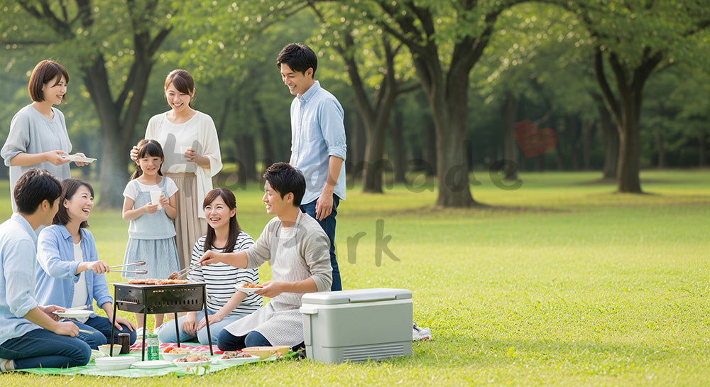 フリー素材 無料 写真｜日本の公園で家族と友人がBBQを楽しむ屋外レジャー、明度が高い週末のにぎわいを写した行楽シーン