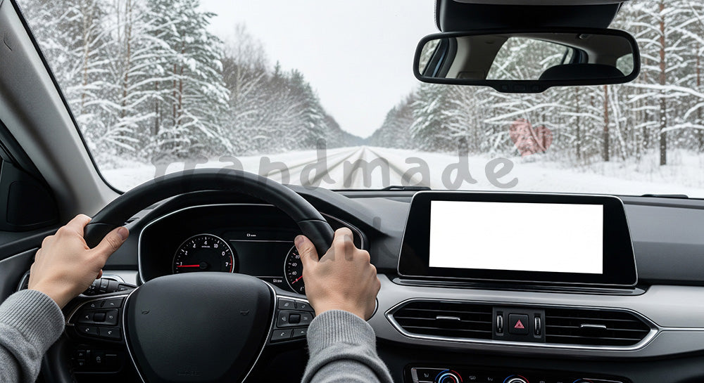 フリー素材 無料 写真｜背景素材雪道を走る車内のハンドルと手元、安全運転の文脈で使いやすい冬ドライブのイメージ 写真背景