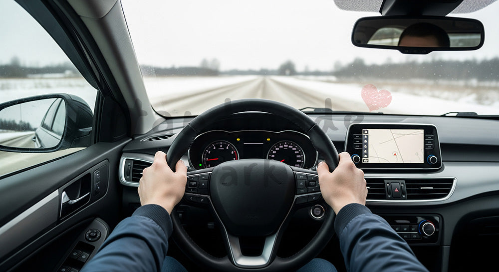 フリー素材 無料 写真｜雪道を走る車内のハンドルと手元、安全運転の文脈で使いやすい冬ドライブのイメージ 背景素材