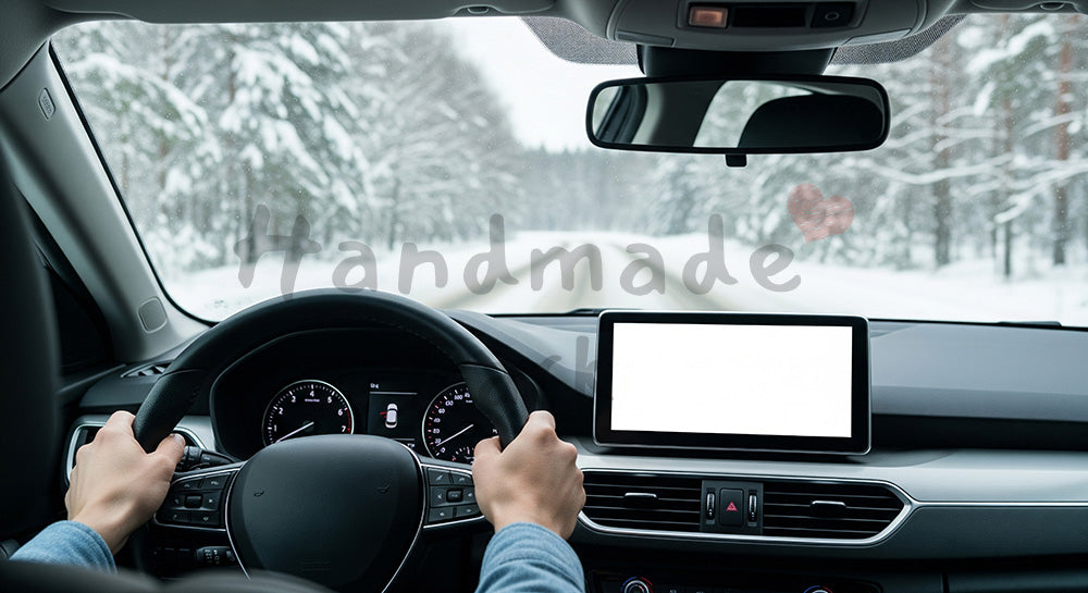 フリー素材 無料 写真｜雪道を走る車内のハンドルと手元、安全運転の文脈で使いやすい冬ドライブのイメージ