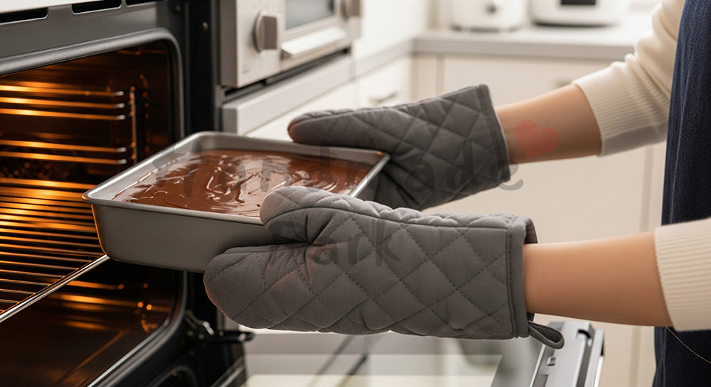 フリー素材 無料 写真｜家庭のバレンタイン作り、オーブンへチョコ型を入れる日本人女性の手元