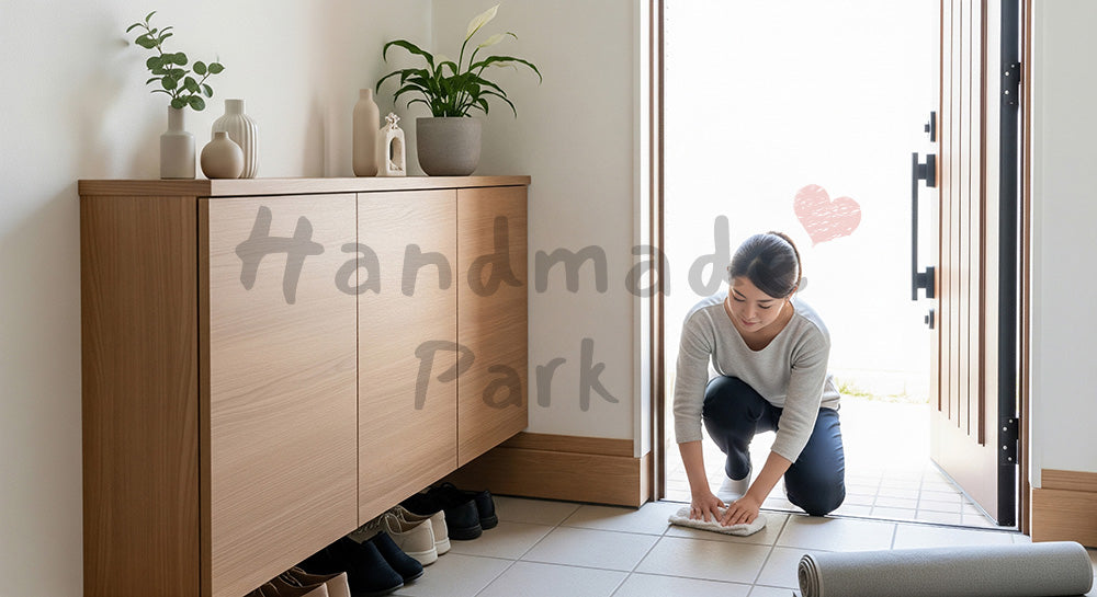 フリー素材 無料 写真｜玄関のたたきをモップや雑巾で拭き掃除する日本人主婦のエントランスケア 写真背景