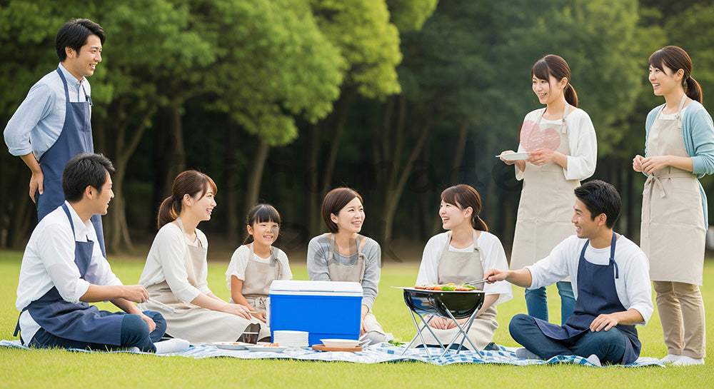 フリー素材 無料 写真｜背景素材日本の公園で家族と友人がBBQを楽しむ屋外レジャー、明るい週末のにぎわいを写した行楽シーン 写真背景