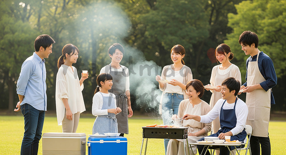 フリー素材 無料 写真｜日本の公園で家族と友人がBBQを楽しむ屋外レジャー、明るい週末のにぎわいを写した行楽シーン 背景素材