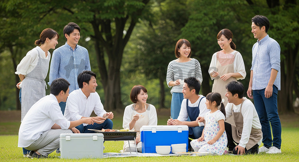 フリー素材 無料 写真｜日本の公園で家族と友人がBBQを楽しむ屋外レジャー、明るい週末のにぎわいを写した行楽シーン